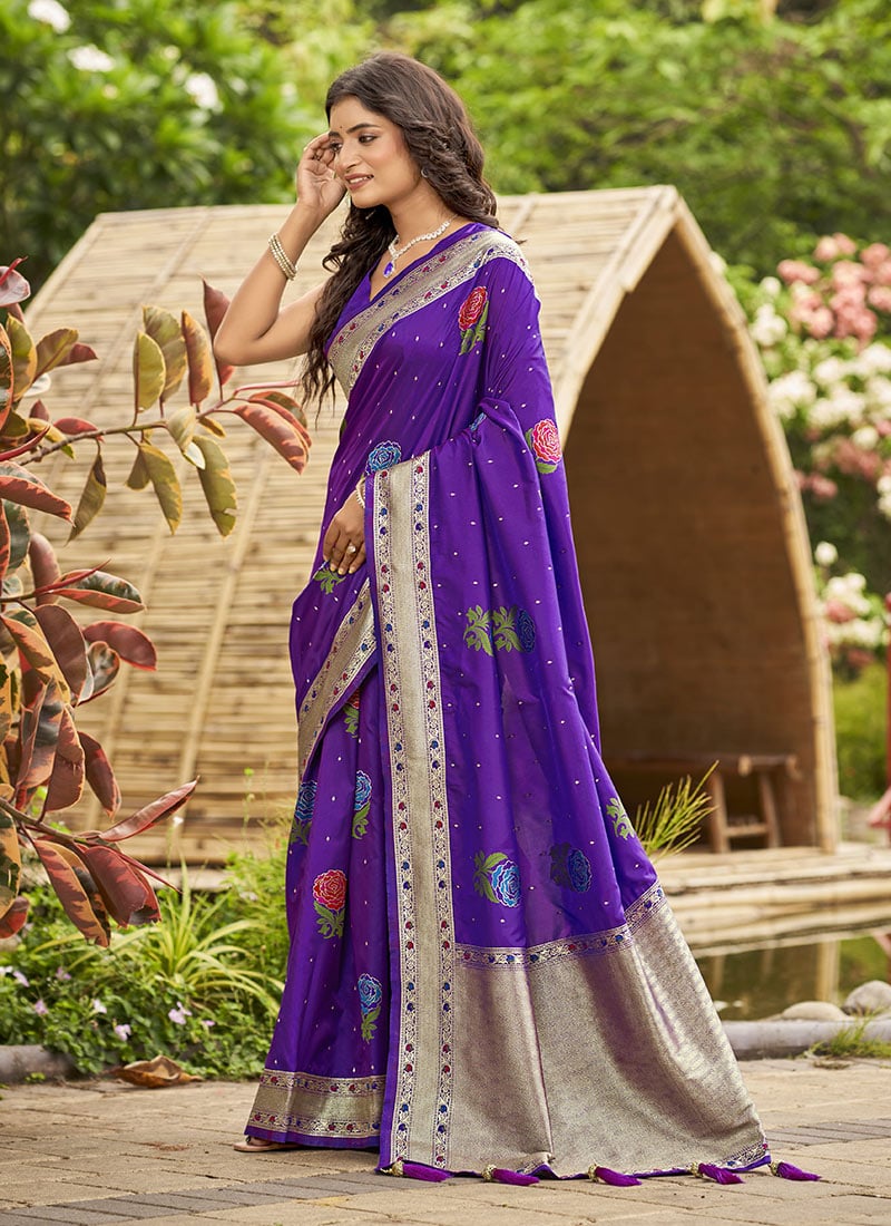 Purple Jacquard Zari Banarasi Silk Saree Festive Wear