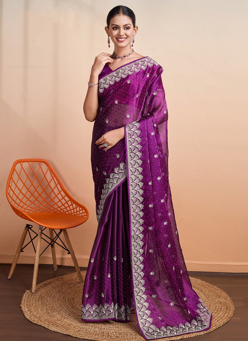 Purple Organza Embroidered And Tikki Work Saree