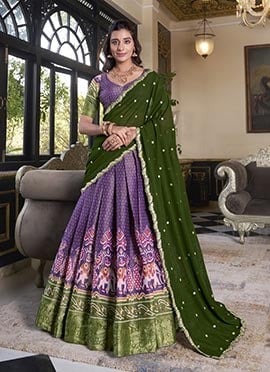 Purple Kanchipuram Silk Zari Embroidered Sequins With Patola Print Lehenga Festive Wear