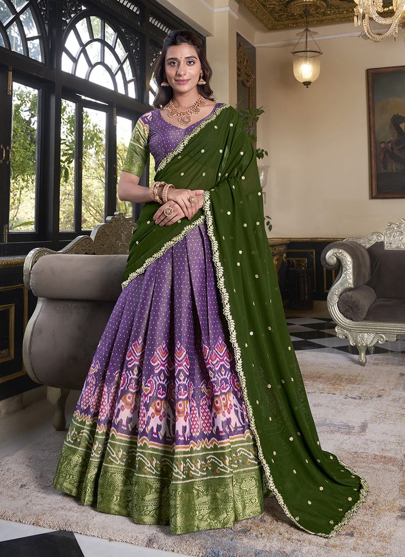 Purple Kanchipuram Silk Zari Embroidered Sequins With Patola Print Lehenga Festive Wear