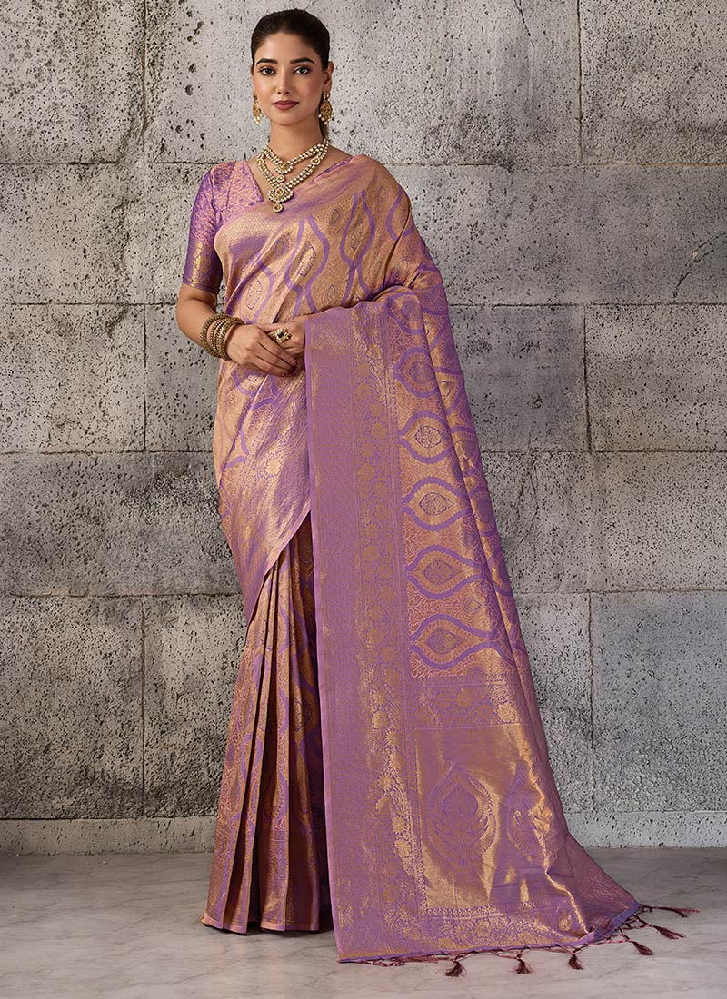 Purple Kanjivaram Silk Zari Jauquard Woven Saree Festive Wear
