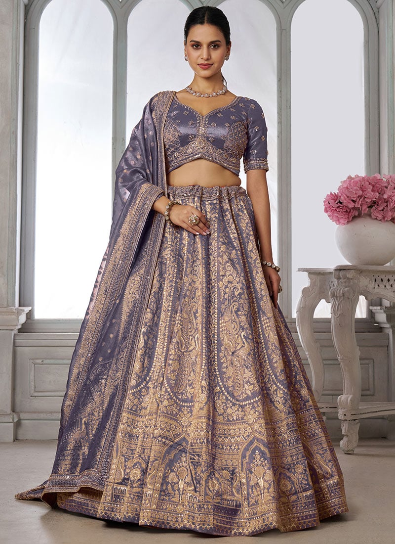 Purple Kanjivaram Tissue Zari Embroidered Lehenga Wedding Wear