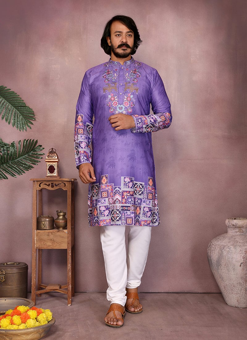 Purple Khadi Cotton Embroidered Sequins Kurta Pyjama Set Festive Wear