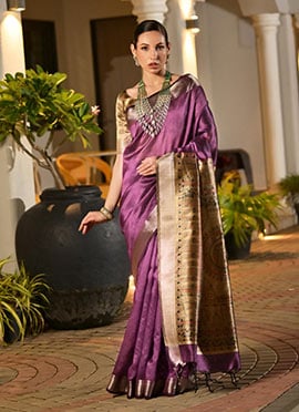 Purple Khadi Raw Silk Printed With Zari Woven Saree