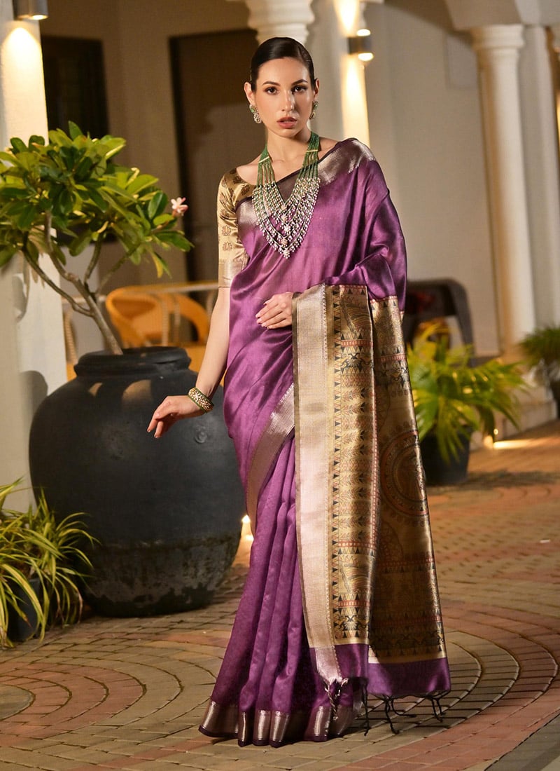 Purple Khadi Raw Silk Printed With Zari Woven Saree Festive Wear