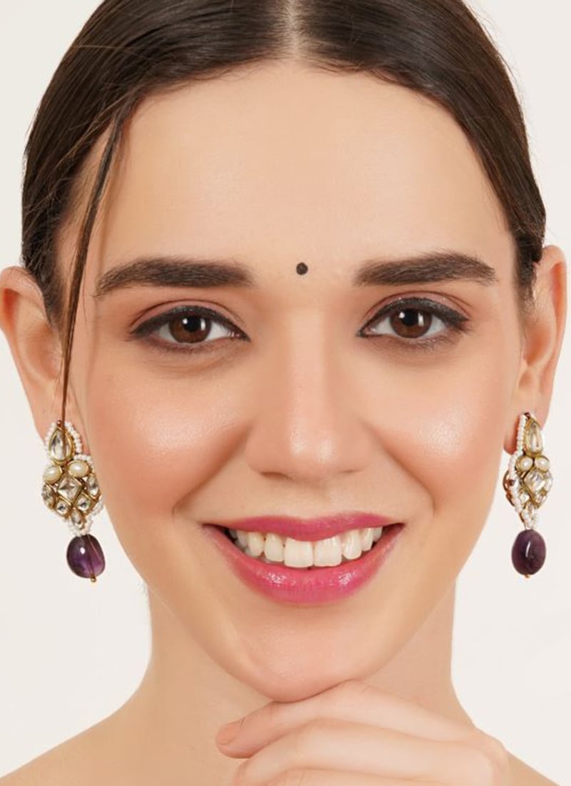 Purple Kundan And Beads Adorned Danglers