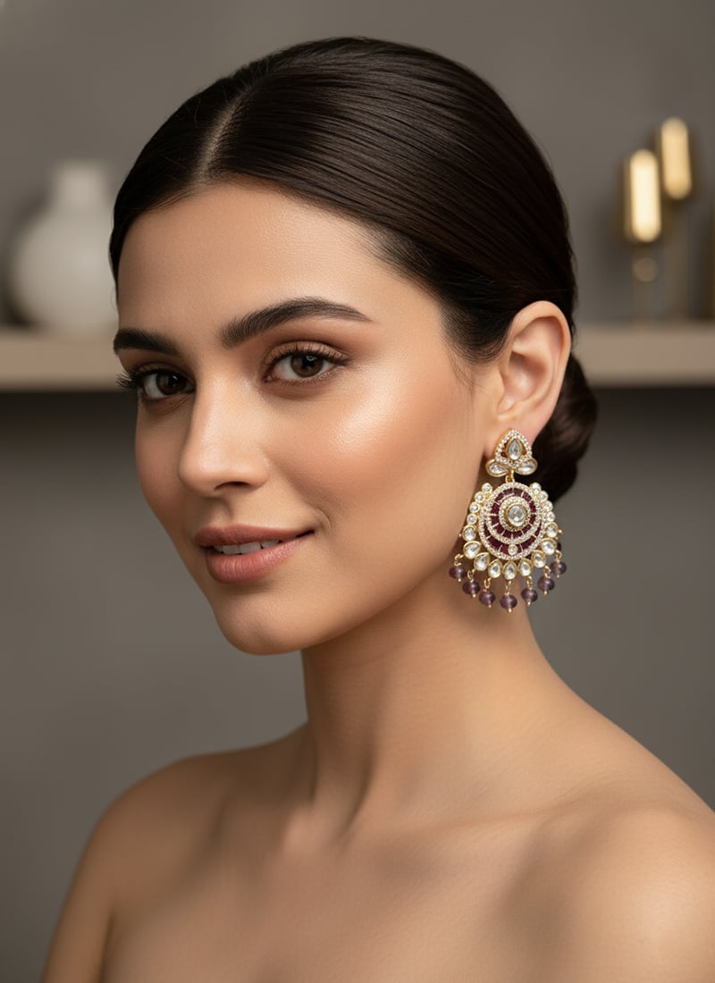 Purple Kundan And Stones Beads Chaand Bali Festive Wear