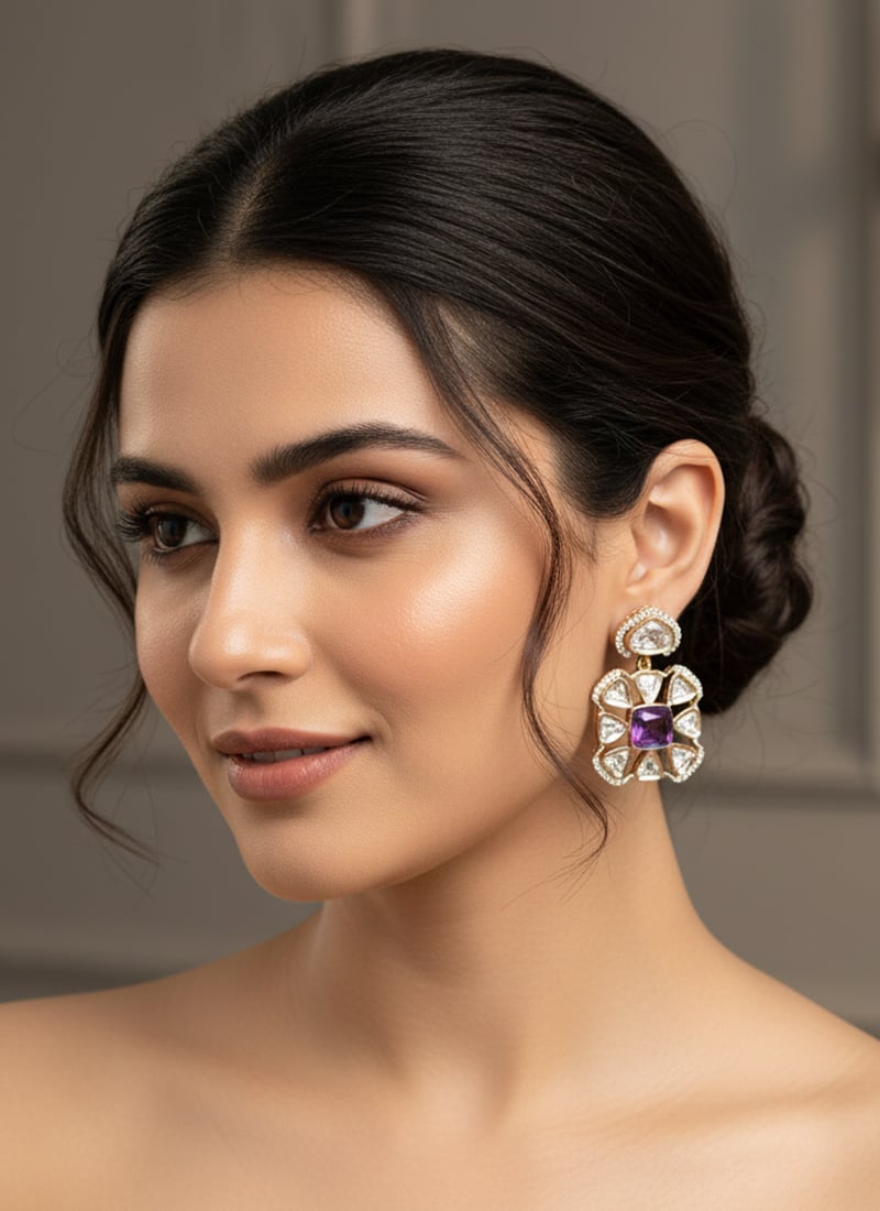 Purple Kundan And Stones Danglers Festive Wear