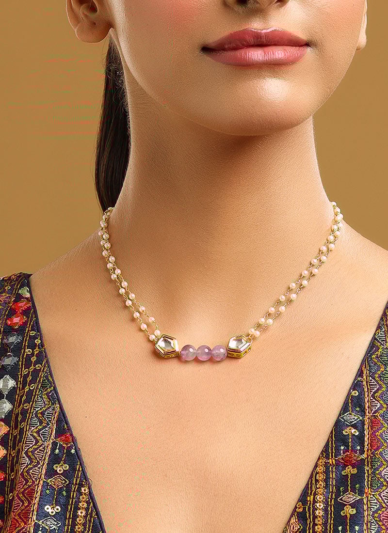 Purple Kundan Beaded Dual Layer Necklace Festive Wear