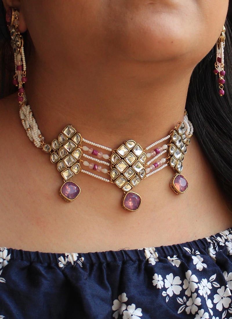 Purple Kundan Moti And Beads Work Choker Festive Wear