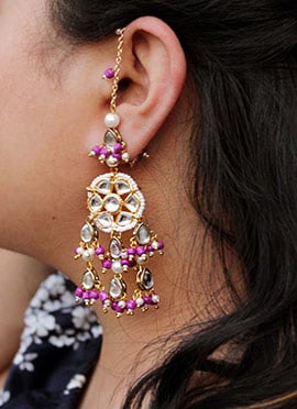 Purple Kundan With Moti And Beads Danglers