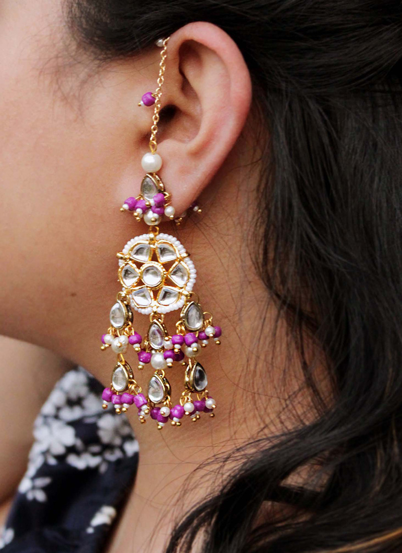 Purple Kundan With Moti And Beads Danglers After Six Wear