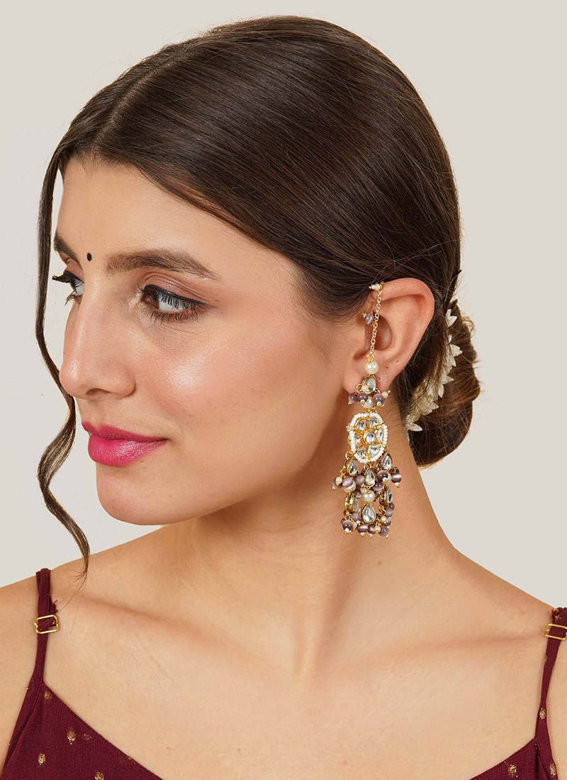 Purple Kundan With Moti And Beads Danglers After Six Wear