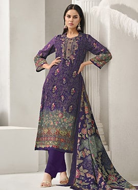 Purple Lawn Cotton Digital Print Straight Pant Suit