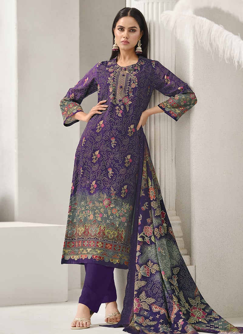 Purple Lawn Cotton Digital Print Straight Pant Suit After Six Wear