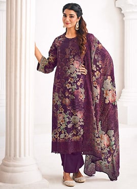 Purple Lawn Cotton Digital Print Straight Pant Suit