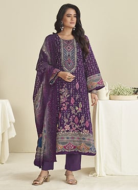 Purple Lawn Cotton Digital Print Thread Straight Pant Suit