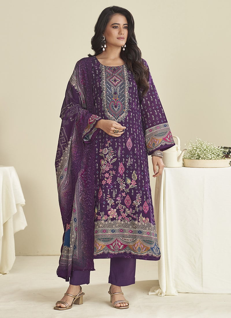 Purple Lawn Cotton Digital Print Thread Straight Pant Suit After Six Wear