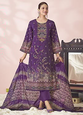 Purple Lawn Cotton Embroidered And Digital Print Pakistani Suit
