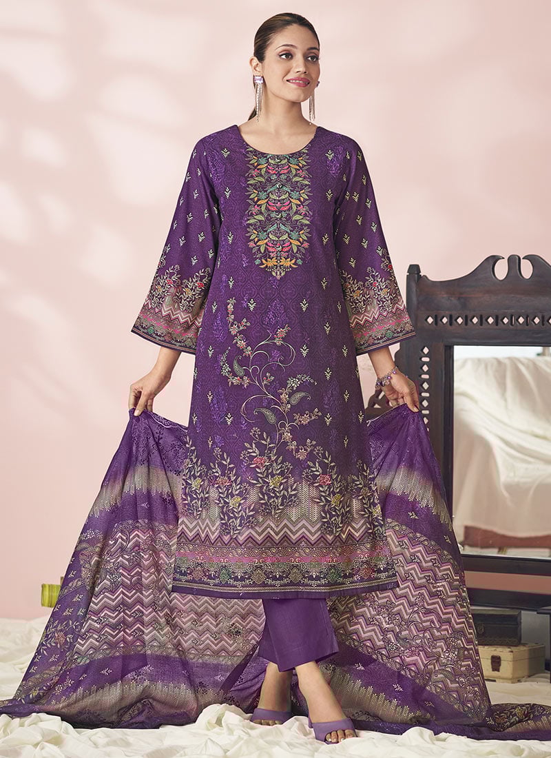 Purple Lawn Cotton Embroidered And Digital Print Pakistani Suit Festive Wear