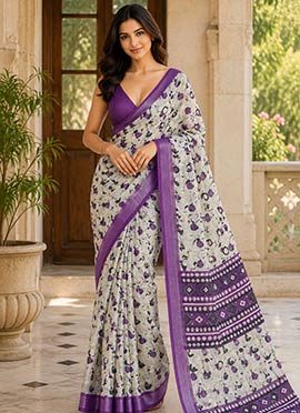 Purple Linen Floral Print Saree