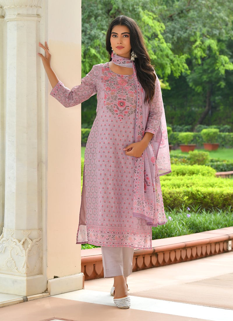 Purple Linen Printed And Zari Straight Pant Suit After Six Wear