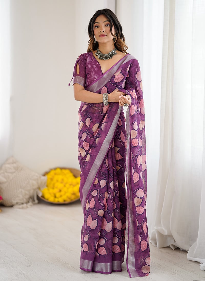 Purple Linen Printed Saree After Six Wear