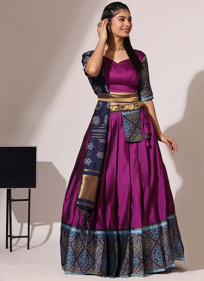 Purple Litchi Silk Zari Bandhini Print Lehenga For Traditional Festive Wear