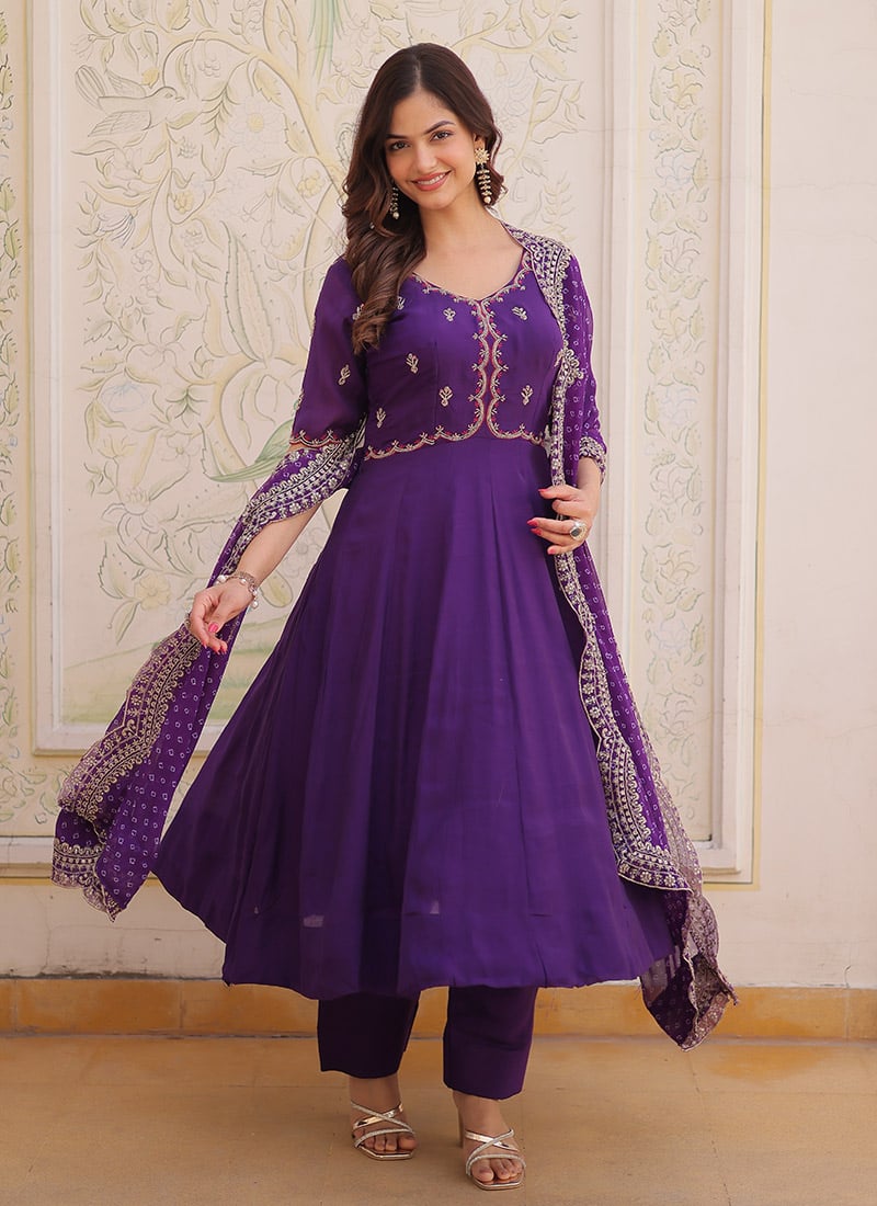 Purple Mal Chanderi Silk Embroidered With Beads Work Anarkali Suit Festive Wear