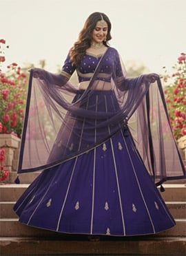 Purple Malai Satin  Zari Hand Embroidered Sequins Lehenga