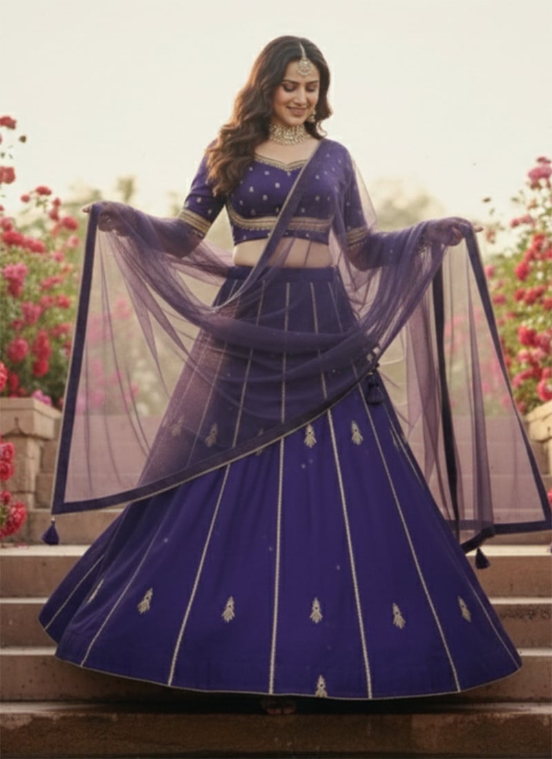 Purple Malai Satin  Zari Hand Embroidered Sequins Lehenga Wedding Wear