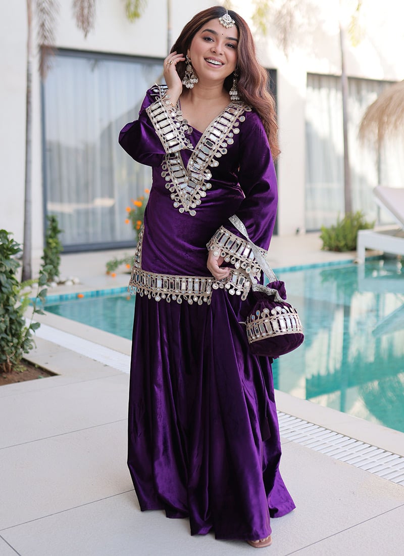 Purple Mirror Zari Embroidered Velvet Kurta Palazzo Set With Potli Bag Festive Wear
