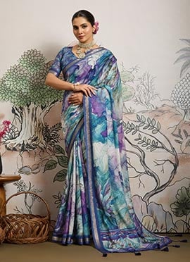 Purple Moss Polyester Digital Print Zari Saree