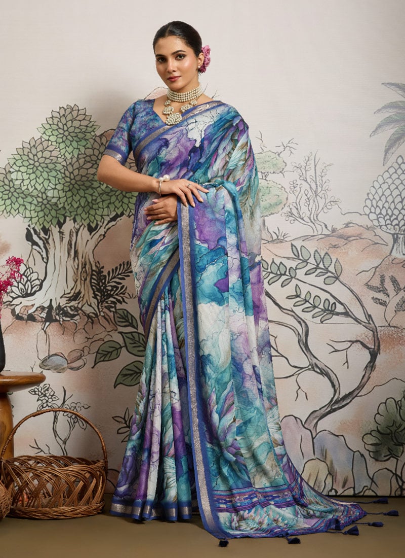 Purple Moss Polyester Digital Print Zari Saree After Six Wear
