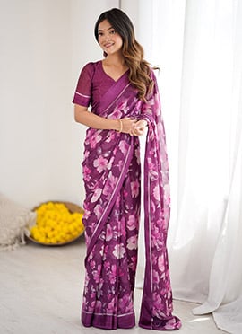 Purple Moss Satin Digital Print Saree