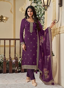 Purple Munga Silk Embroidered Sequins Digital Print Straight Pant Suit