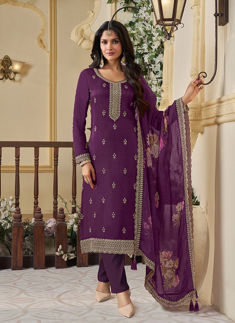 Purple Munga Silk Embroidered Sequins Digital Print Straight Pant Suit Festive Wear