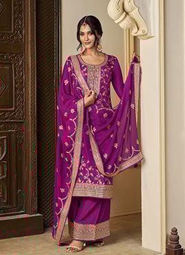 Purple Munga Silk Embroidered Sequins Jacquard Palazzo Suit