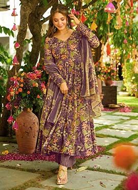 Purple Muslin Digital Print Anarkali Suit