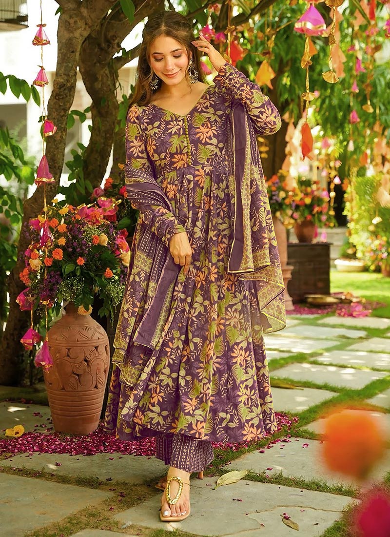Purple Muslin Digital Print Anarkali Suit After Six Wear