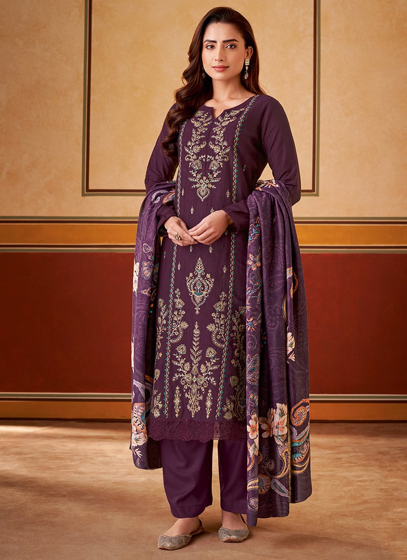 Purple Muslin Digital Print Embroidered Pakistani Straight Pant Suit  Festive Wear