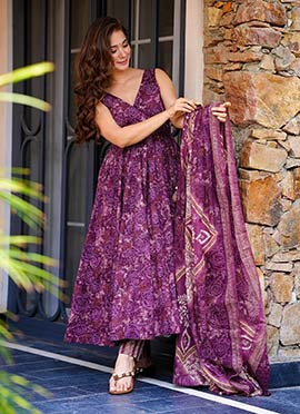 Purple Muslin Digital Print Flared Anarkali Suit