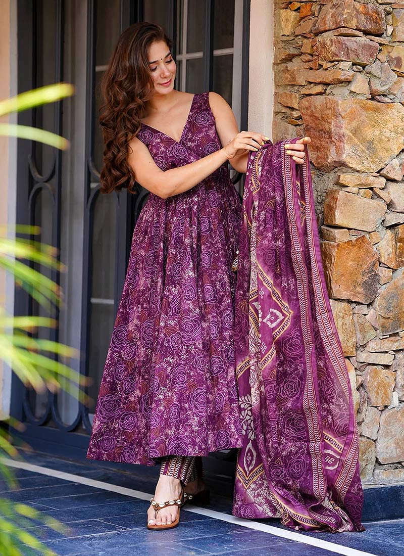 Purple Muslin Digital Print Flared Anarkali Suit After Six Wear