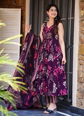 Purple Muslin Digital Print Flared Anarkali Suit