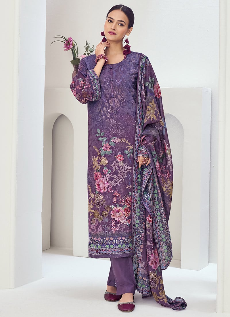 Purple Muslin Digital Print Thread Embroidered Sequins Straight Pant Suit After Six Wear