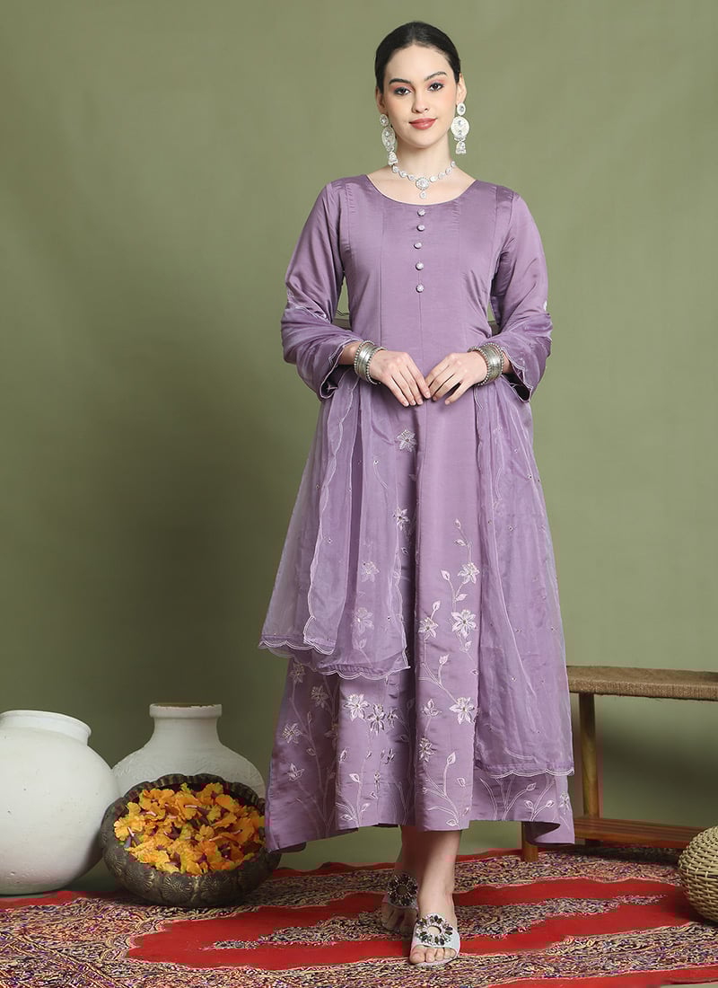 Purple Muslin Embroidered With Stone Work Anarkali Suit After Six Wear