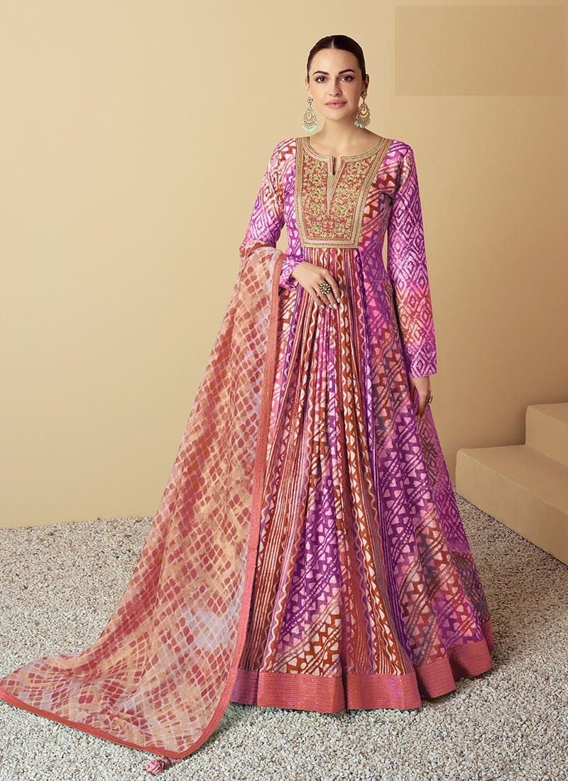 Purple Muslin Print Embroidered Sequins Abaya Style Anarkali Suit Festive Wear-SLSRF28821