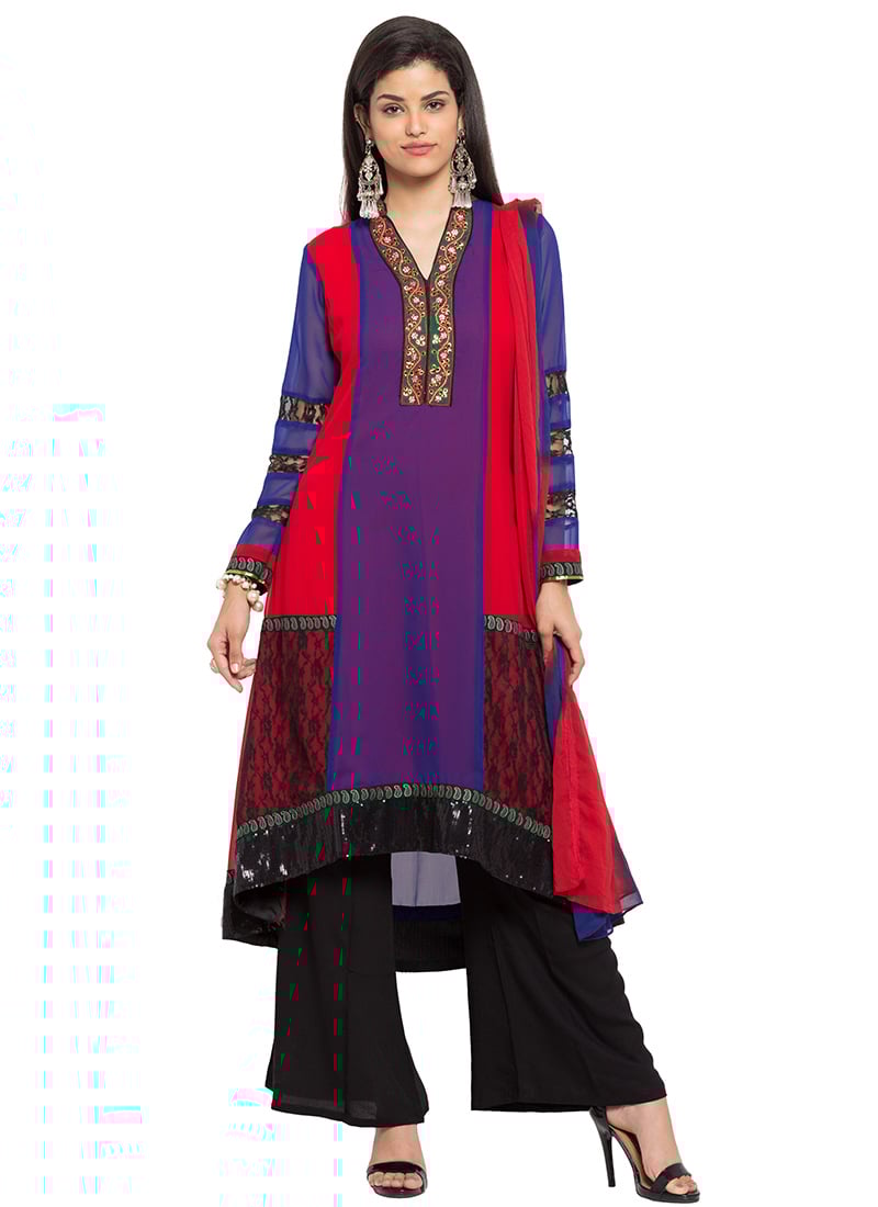 Purple N Red Georgette Asymmetrical Kurti Party Wear