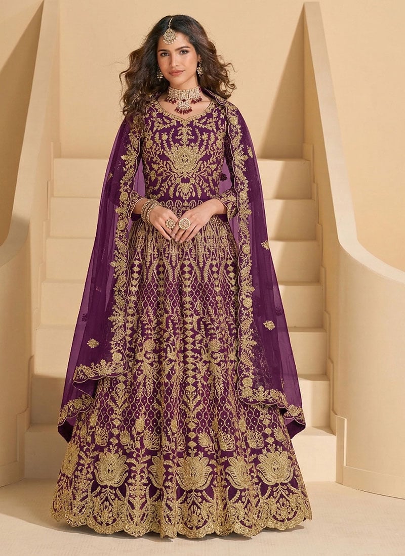 Purple Net Anarkali Suit Crafted With Zari Embroidery  Wedding Wear