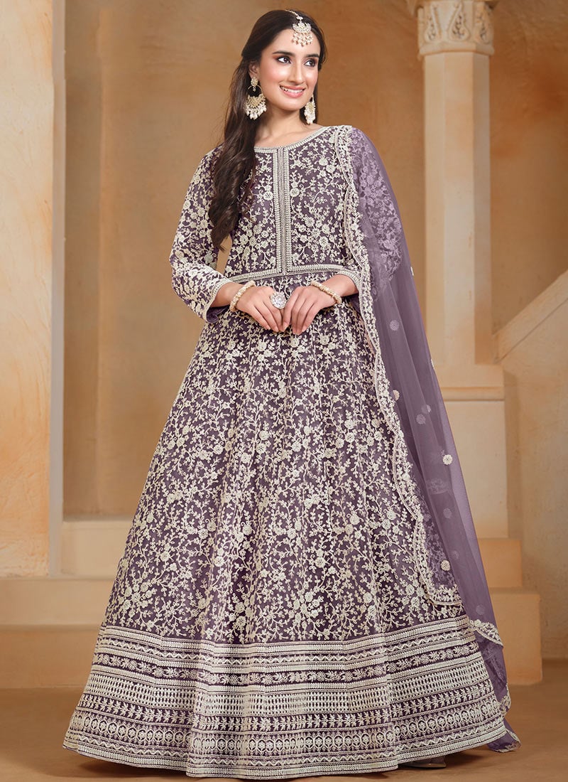 Purple Net Embroidered A Line Anarkali Suit Festive Wear